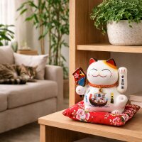 Lucky cat - Porcelain 15,5 cm white - High quality Maneki Neko - Waving cat 02