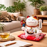 Lucky cat - Porcelain 15,5 cm white - High quality Maneki Neko - Waving cat 02