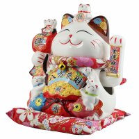 Lucky cat - Porcelain 30 cm white - High quality Maneki Neko - Waving cat 06