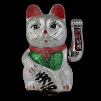Glückskatze Maneki-neko Winkekatze aus Keramik 20cm silber winkende Katze Lucky cat