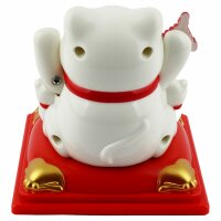 Glückskatze Maneki-Neko Knoten weiß Solar auf Sockel 8cm Winkekatze Lucky cat