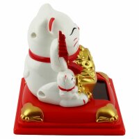 Glückskatze Maneki-Neko Knoten weiß Solar auf Sockel 8cm Winkekatze Lucky cat