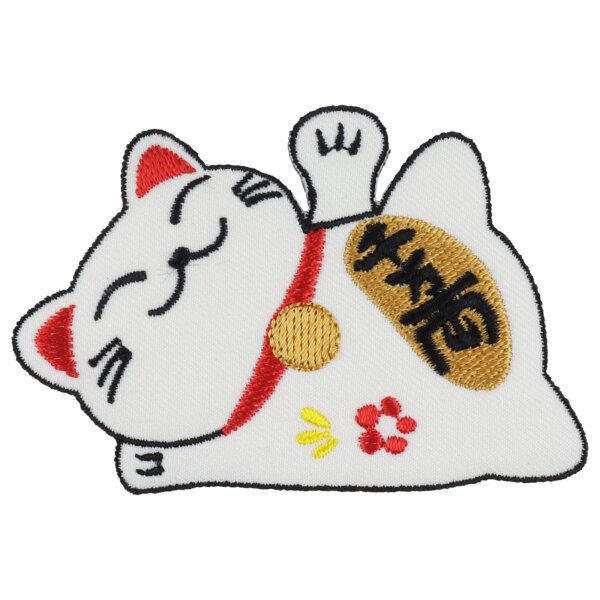 Patch lucky cat Maneki Neko lying down white embroidered patch