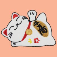 Patch lucky cat Maneki Neko lying down white embroidered patch