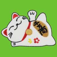 Patch lucky cat Maneki Neko lying down white embroidered patch