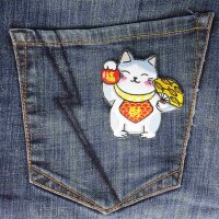 Patch lucky cat Maneki Neko white blue embroidered patch