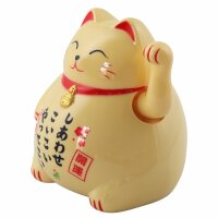 Roundish lucky cat - Maneki Neko - Waving cat - 10 cm - beige