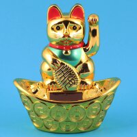 Lucky cat - Maneki Neko - Waving cat - solar - oval socket - 14 cm - gold