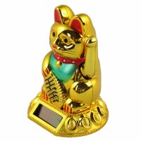 Lucky cat - Maneki Neko - Waving cat - solar - round socket - 8 cm - gold