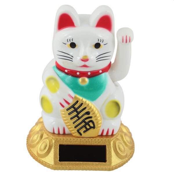 Glückskatze - Maneki-neko - Winkekatze Solar - runder Sockel - 8 cm - weiß