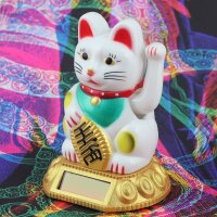 Glückskatze - Maneki-neko - Winkekatze Solar - runder Sockel - 8 cm - weiß