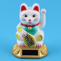 Glückskatze - Maneki-neko - Winkekatze Solar - runder Sockel - 8 cm - weiß