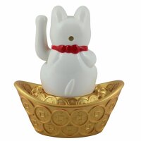 Glückskatze - Maneki-neko - Winkekatze Solar - ovaler Sockel - 14 cm - weiß