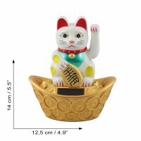 Glückskatze - Maneki-neko - Winkekatze Solar - ovaler Sockel - 14 cm - weiß