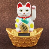 Glückskatze - Maneki-neko - Winkekatze Solar - ovaler Sockel - 14 cm - weiß