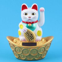 Glückskatze - Maneki-neko - Winkekatze Solar - ovaler Sockel - 14 cm - weiß