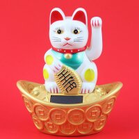 Glückskatze - Maneki-neko - Winkekatze Solar - ovaler Sockel - 14 cm - weiß