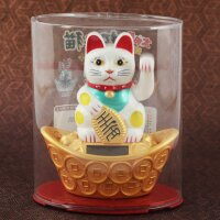 Glückskatze - Maneki-neko - Winkekatze Solar - ovaler Sockel - 14 cm - weiß