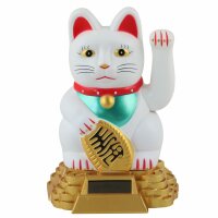 Glückskatze - Maneki-neko - Winkekatze Solar - runder Sockel - 15 cm - weiß