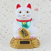 Glückskatze - Maneki-neko - Winkekatze Solar - runder Sockel - 15 cm - weiß