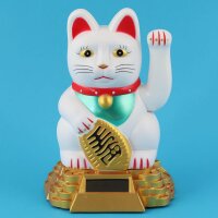 Glückskatze - Maneki-neko - Winkekatze Solar - runder Sockel - 15 cm - weiß