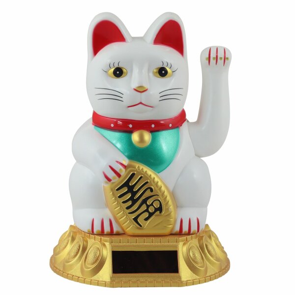 Glückskatze - Maneki-neko - Winkekatze Solar - runder Sockel - 18 cm - weiß