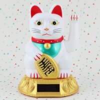 Glückskatze - Maneki-neko - Winkekatze Solar - runder Sockel - 18 cm - weiß