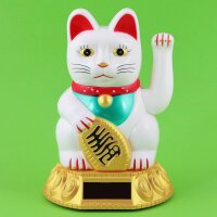 Glückskatze - Maneki-neko - Winkekatze Solar - runder Sockel - 18 cm - weiß