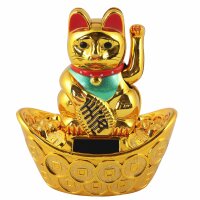 Glückskatze - Maneki-neko - Winkekatze Solar - ovaler Sockel - 10 cm - gold