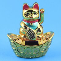 Lucky cat - Maneki Neko - Waving cat - solar - oval socket - 10 cm - gold