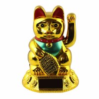 Glückskatze - Maneki-neko - Winkekatze Solar - runder Sockel - 10,5 cm - gold