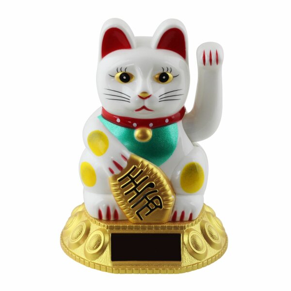Glückskatze - Maneki-neko - Winkekatze Solar - runder Sockel - 10,5 cm - weiß