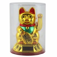 Glückskatze - Maneki-neko - Winkekatze Solar - runder Sockel - 18 cm - gold