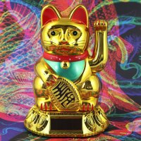 Glückskatze - Maneki-neko - Winkekatze Solar - runder Sockel - 18 cm - gold