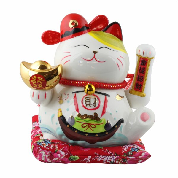 Lucky cat - Porcelain 26 cm white - High quality Maneki Neko - Waving cat